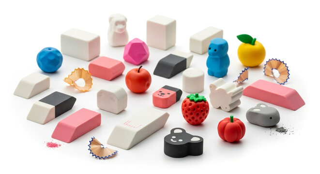 Collection of colorful erasers in various shapes isolated on white background, including animals, fruits, and geometric forms, scattered on a white surface