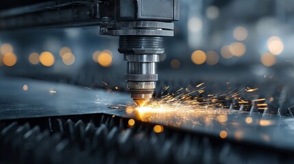 Laser cutting machine on metal sheet with sparkling bokeh background industrial manufacturing technology precision sparks close up workshop machining process high accuracy copy space