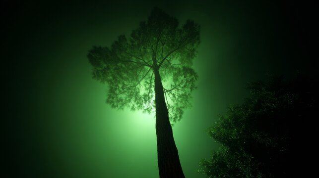 Towering pine, bathed in ethereal green glow, invokes mystical Arbor Day vibes, surreal arboreal harmony under moonlit ambiance