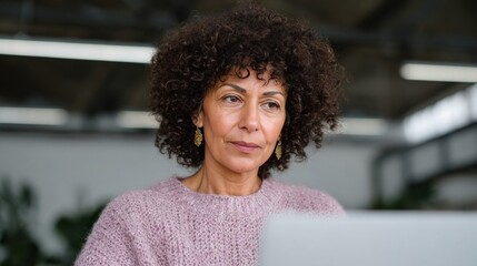A thoughtful Middle-Eastern woman in a cozy sweater, reflecting on Diwali's illumination, channels zen-like focus and introspection