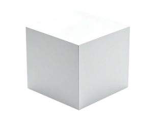 A plain, solid, white cube, seemingly three-dimensional, with sharp edges and corners