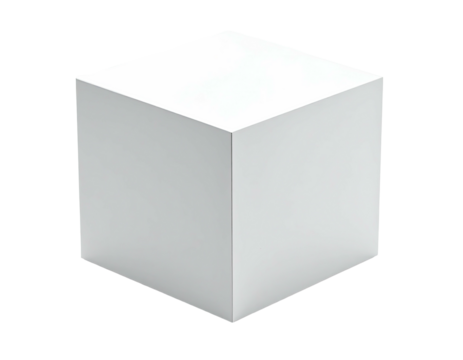 A plain, solid, white cube, seemingly three-dimensional, with sharp edges and corners