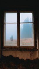 Fototapeta premium Foggy silhouette in misty meadow, European woman wandering, enigmatic serenity, aligns with Walpurgis Night or Samhain's whispers
