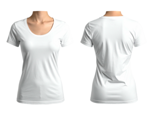 Blank white women's t-shirt, front and back views, on a mannequin