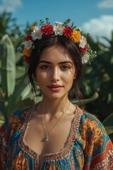 Young Woman Wearing a Colorful Flower Crown Outdoors