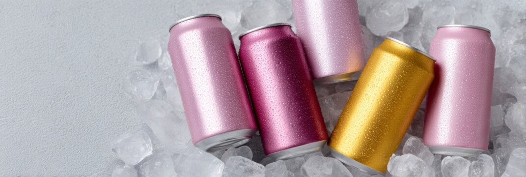 Sparkling pastel cans on icy bed, glimmering refreshments evoke Sake Day festivities and Beverage Can Appreciation Day vibes