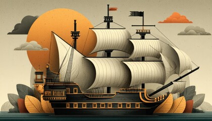 Vintage sailing ship, sunlit seascape