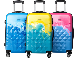 Firefly_Set Travel Bag with Pink Yellow Blue Liquids Isolated on Transparent Background PNG