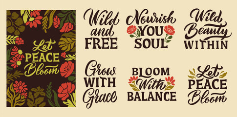 Fototapeta premium Hand-drawn Lettering Set. Wild Abstract Quotes with Botanical Frames and Seamless Patterns