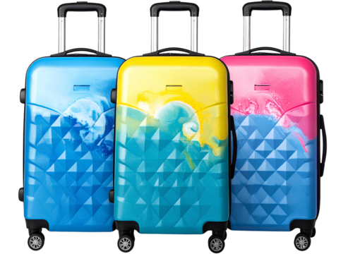 Firefly_Set Travel Bag with Pink Yellow Blue Liquids Isolated on Transparent Background PNG - Powered by Adobe