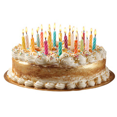 Celebrate special moments with a beautifully decorated birthday cake adorned with colorful lit candles and festive sprinkles, perfect for creating joyful memories and festive occasions.