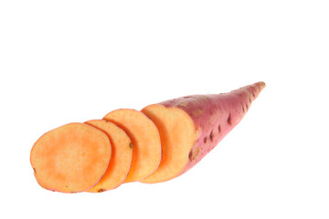 Ripe sweet potatoes on a white background