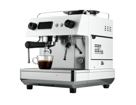 White coffee machine with coffee pouring into a cup