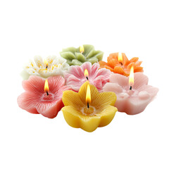 Vibrant, colorful flower shaped candles with gentle flames create a warm, inviting atmosphere perfect for relaxation, decor, and special occasions.