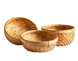Three shallow, round, woven bamboo baskets