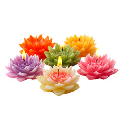 Vibrant lotus flower candles alight, casting warm, inviting glows perfect for creating serene ambiance and decorative accents for peaceful, mindful moments and elegant settings.