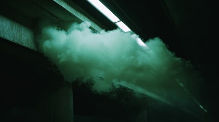 Whimsical green mist swirling beneath starlit urban canopy, evoking mystical Beltane night or shadowy Fog Fest intrigue