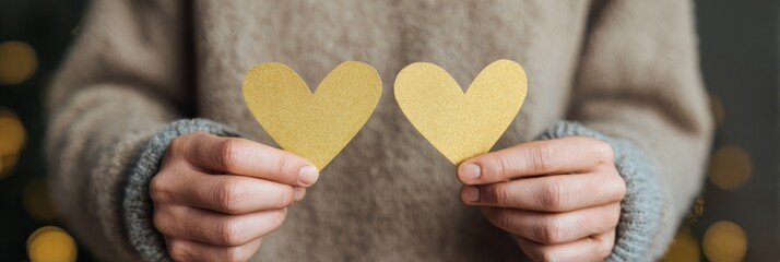 Rustic hands cradle golden hearts, embodying cozy autumn warmth and whimsical charm for Mabon and World Kindness Day celebrations