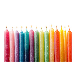 Vibrant line of lit birthday candles in a rainbow of colors, perfect for celebrations, parties, and festive occasions adding joy and magic to any event