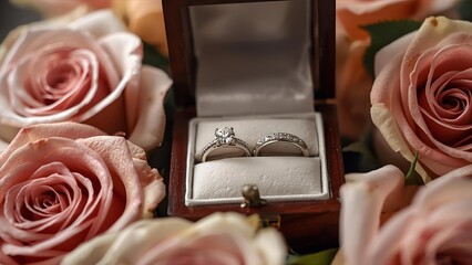 Wedding rings in wooden box surrounded by roses