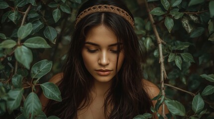 Naklejka premium Enchanting young woman in lush green forest setting