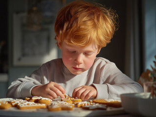 Child cut festive shapes, decorate cookies with icing. Soft light, festive and cozy atmosphere. Perfect for winter, family, holiday, and culinary concepts.
