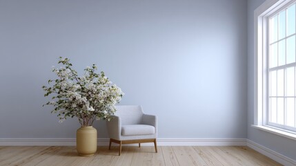 A solitary armchair embraces minimalist comfort, anchored by blossoming tranquility vase, perfect for mindful meditation or Navruz renewal