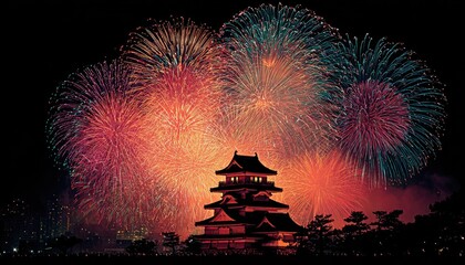 Fireworks display over a Japanese castle