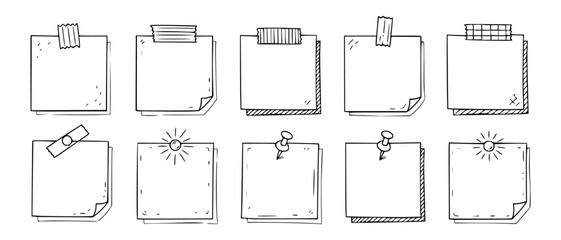 Vector art of collection of handdrawn sticky notes and paper squares with various fasteners like tape and pins