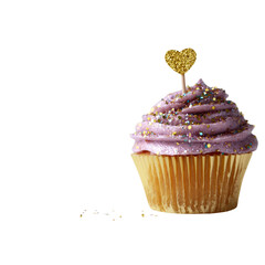 Sparkling lavender frosted cupcake with golden heart topper and shimmering sprinkles, perfect for celebrations and sweet moments, evoking joy and delight.
