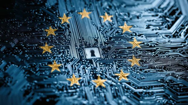 The image showcases a circuit board design featuring the European Union stars and a padlock symbol. This represents the focus on digital security and data protection in Europe - Powered by Adobe