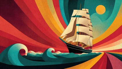 Colorful ship sails through vibrant waves