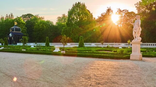 Sunset in Branicki Palace. It is historical edifice in Bialystok, Podlaskie Voivodeship, Poland. The palace complex with gardens, pavilions, sculptures, outbuildings and other structures.