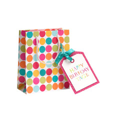 Vibrant polka dot gift bag with a cheerful "Happy Birthday" tag, perfect for celebrating special moments and spreading joy with a thoughtful present
