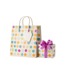Joyful celebration awaits with a charming gift bag and beautifully wrapped present adorned with a vibrant purple ribbon and blank tag for personalized messages.