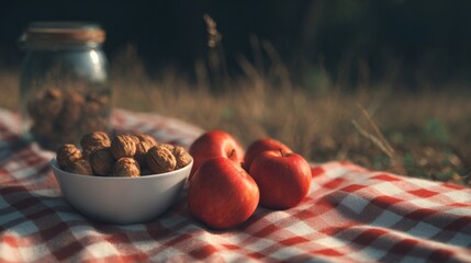 Red apples and walnuts bask on gingham's embrace, echoing rustic harvest picnics and autumn's festive crunch of Samhain