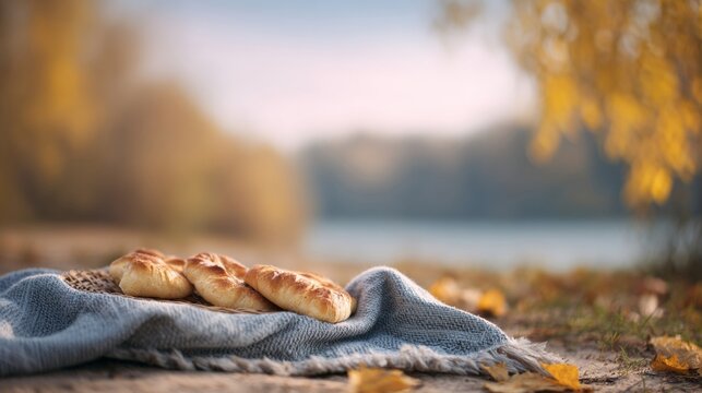 Golden pasties resting on a woolen blanket, whispering autumn tales and evoking Kukur Tihar festivities by the lake