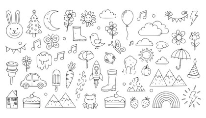 Vector art of collection of cute handdrawn doodle icons and elements, , featuring animals, nature, and celebration themes