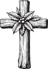 Wooden Cross with Holly: A meticulously crafted wooden cross, adorned with vibrant holly leaves, symbolizes faith, hope, and the enduring spirit of the holiday season.