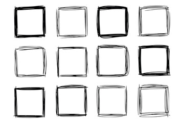 Vector art of collection of twelve handdrawn square frames with a rough, sketchy texture