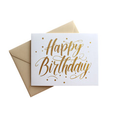 Elegant golden 'Happy Birthday' script on a festive card with envelope, perfect for sending warm celebratory wishes and making any special day shine brighter with heartfelt joy.