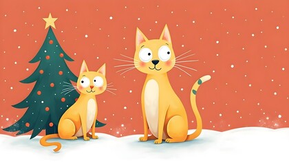 Orange Tabby Cats Christmas Holiday Illustration Design