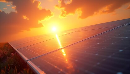 Solar Panels in Field at Sunset Generating Clean Energy
