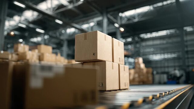 Wooden boxes are neatly stacked on a conveyor belt in a large warehouse during the afternoon. Rays of light illuminate the busy area filled with various packages ready for shipment