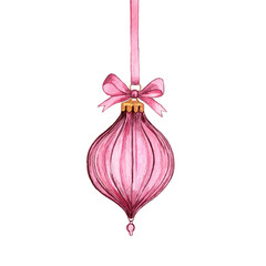 Pink watercolor Christmas ornament with bow