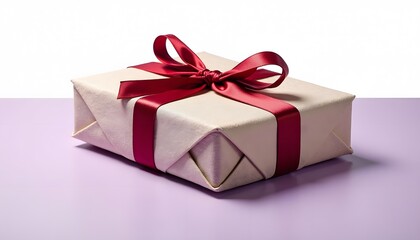 A beautifully wrapped gift box with a vibrant red ribbon and bow, presented on a soft purple surface