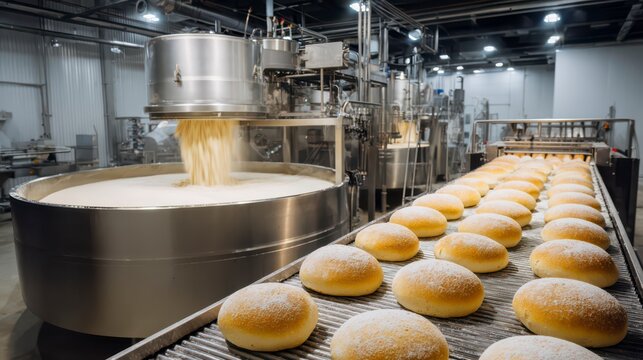 Artisan Bakery's Efficiency: The image shows a modern bakery's high-tech production line. Dough is mixed, shaped, and baked in this state-of-the-art facility. - Powered by Adobe