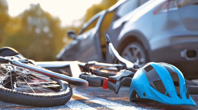 Fototapeta Collision aftermath with bicycle and helmet after accident with