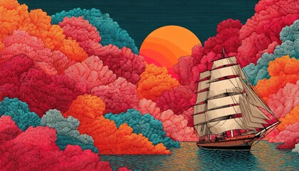 Sailing ship amidst vibrant cloudscape