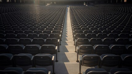Empty stadium seats bathed in dramatic sunlight, evoking anticipation and solitude.